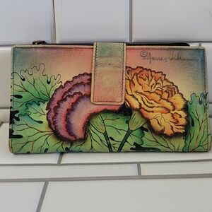 ANNA BY ANNA ANUSCHKA Hand Painted Floral Leather Tri Fold Wallet 